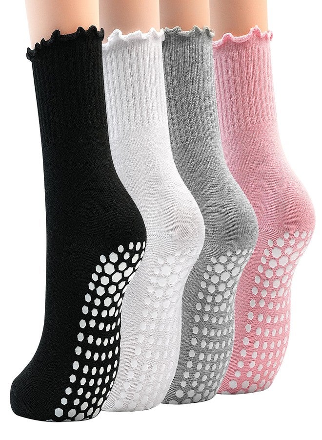 GRPSKCOS Non Slip Yoga Socks 4 Pairs Women Pilates Grip Socks for Yoga Barre Home Workout Hospital Size 5-8(#1 Black+White+Grey+Pink, 5-8) - Image 1